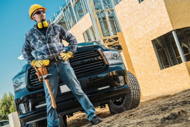A construction worker homebuilder stands with a hardhat outside the site next to his fleet truck.
