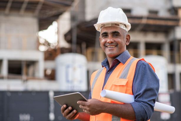 A commercial construction business owner smiles on the job site while holding his tablet where he can track fuel spending in real-time.