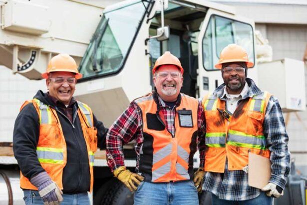 Happy construction workers who use fleet cards stand together with hard hats and safety vests.