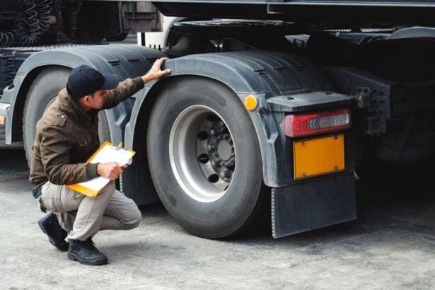 A worker checks the maintenance on a semi truck to look for wear and tear.